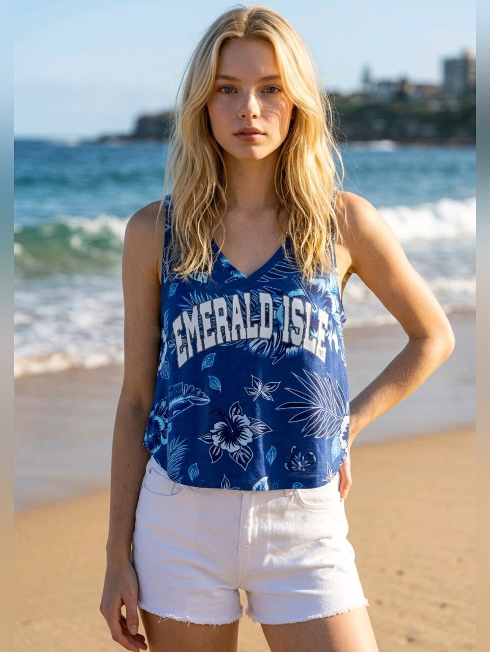 Blue Floral V-Neck Tank Top with 'Emerald Isle' Graphic